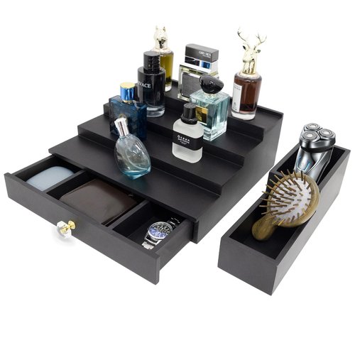 4 Tier Cologne Organizer Cologne Stand with Drawer and Hidden Compartment Cologne Holder for Men, Wood, Perfume Holder 2 in 1 Dresser Bathroom Organizer Men Room Essentials
