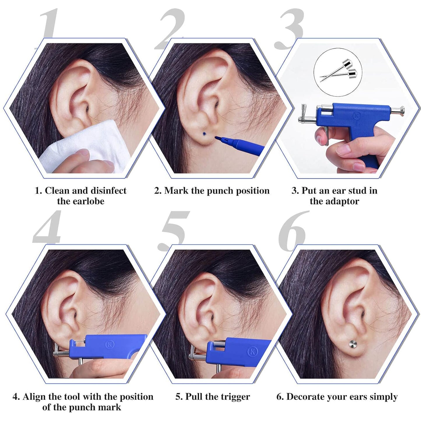 Professional Ear Piercing Gun Kit, Reusable Piercing Gun with Stainless Steel Piercing Earrings Studs, Crystal Earrings for At Home Salon Earlobe Cartilage Helix Tragus Piercing Tool Kit