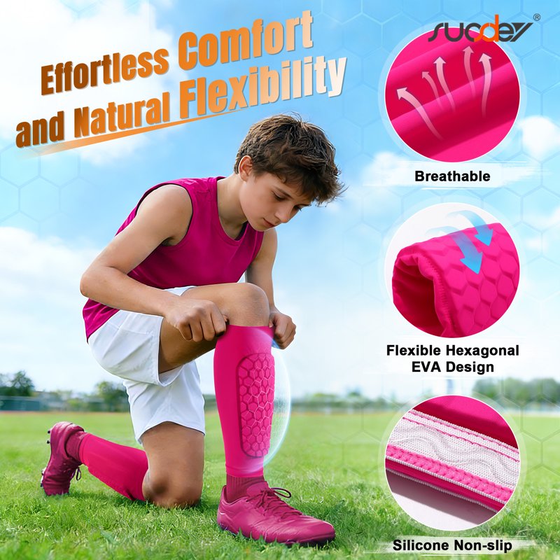 Shin Guards for Kids, Youth & Adults – SUOSDEY Calf Compression Sleeve with Honeycomb Pads (XXS-Calf:9\"-10.6\", Hot Pink)