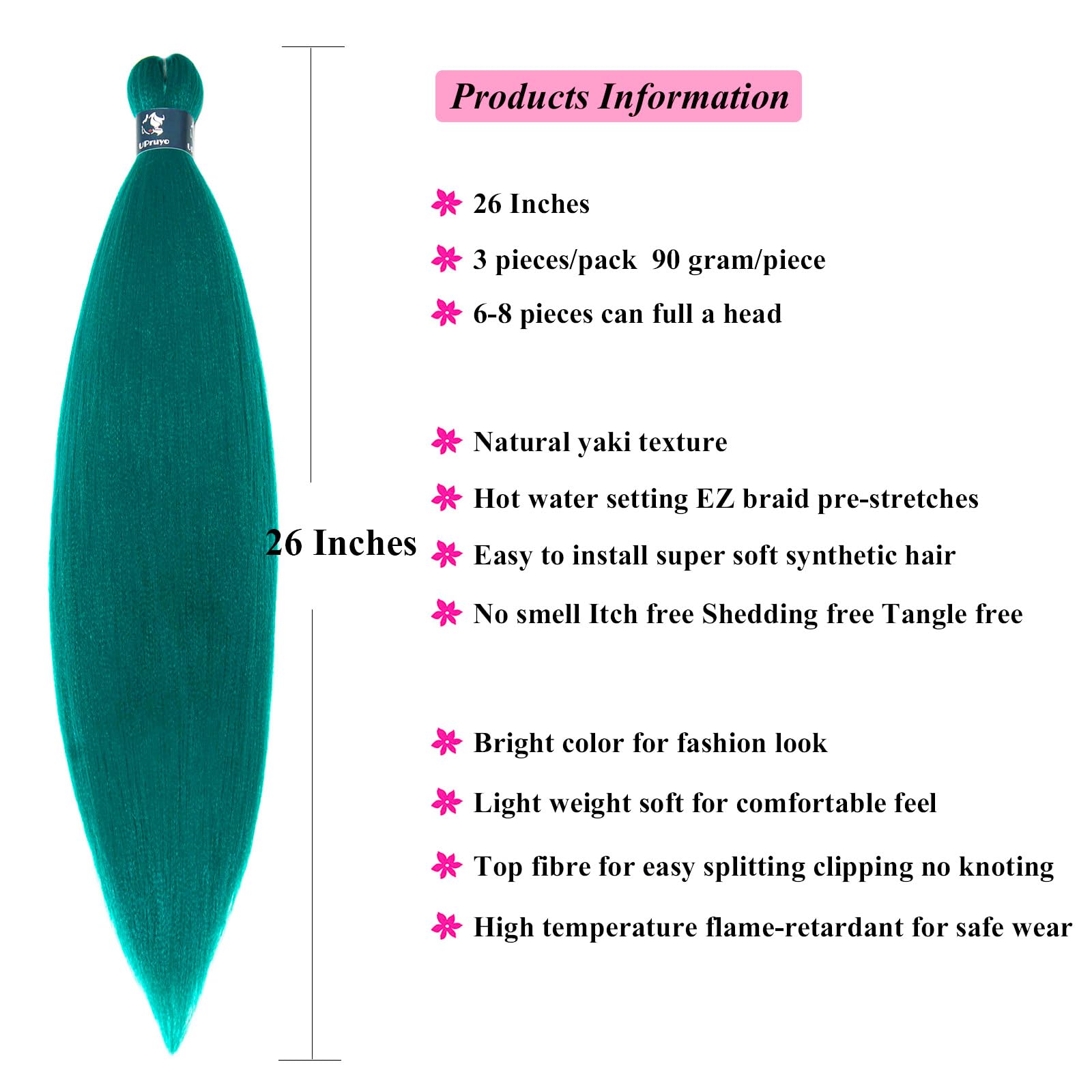 UPruyo Teal Green Braiding Hair Pre Stretched Prestretched Braiding Hair 26 Inch Kanekalo Braiding Hair Extensions for Braiding Box Braids Knotless Micro Jumbo Synthetic Braiding Hair 6 Packs