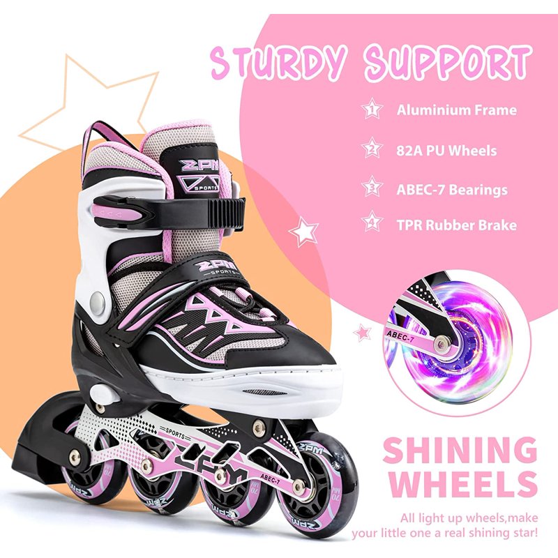 Pink Adjustable Inline Skates for Girls with Light-Up Wheels, Beginner Kids Roller Skates