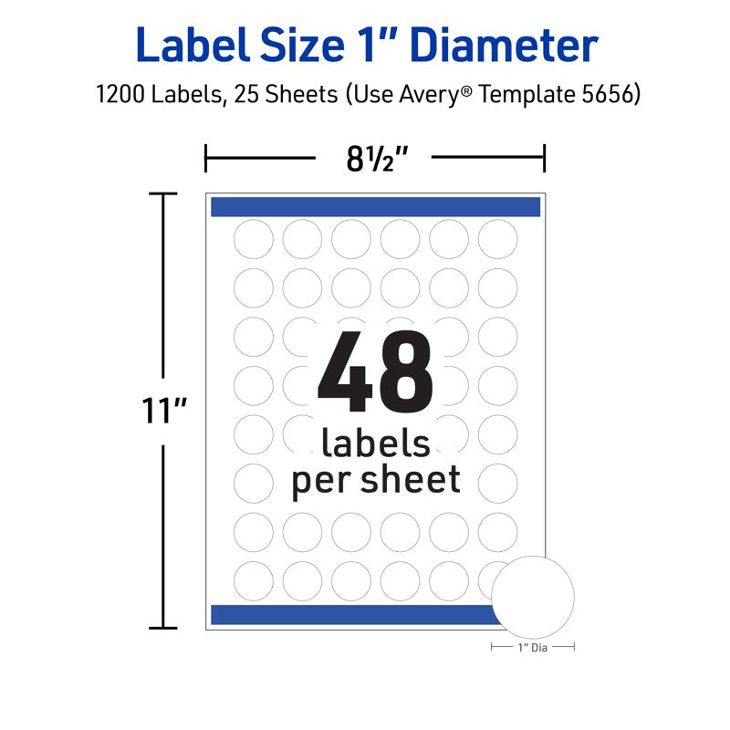1-Inch Round Label Stickers - Permanent White Printable Labels, 1200 Pack