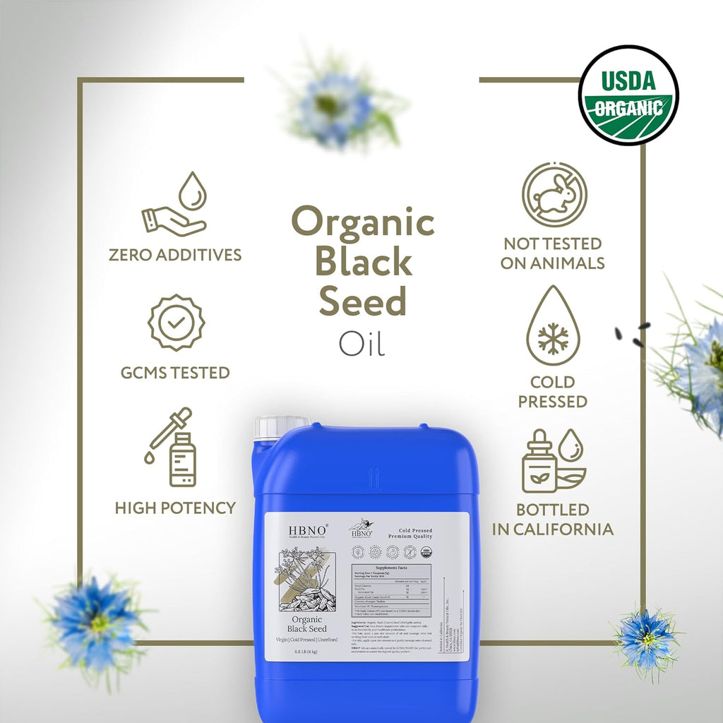 HBNO Organic Black Seed Oil - Huge 4oz (120ml) Glass Bottle Value Size - USDA Certified Organic Black Seed Oil, Cold Pressed for Face, Body, Lips, Shampoo & Conditioner
