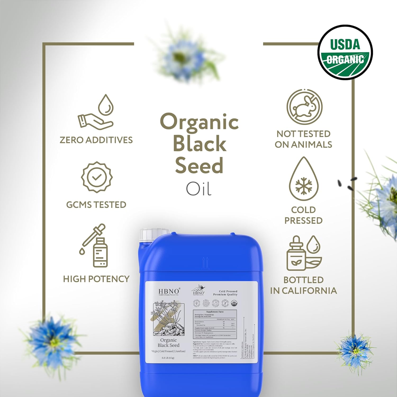 HBNO Organic Black Seed Oil - Huge 4oz (120ml) Glass Bottle Value Size - USDA Certified Organic Black Seed Oil, Cold Pressed for Face, Body, Lips, Shampoo & Conditioner