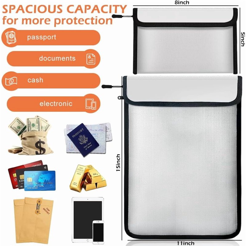 Fireproof Waterproof Document Bag - 2000℉ Safe & Water-Resistant with Reflective Strips, 2 Sizes for Passports, Cash, Files