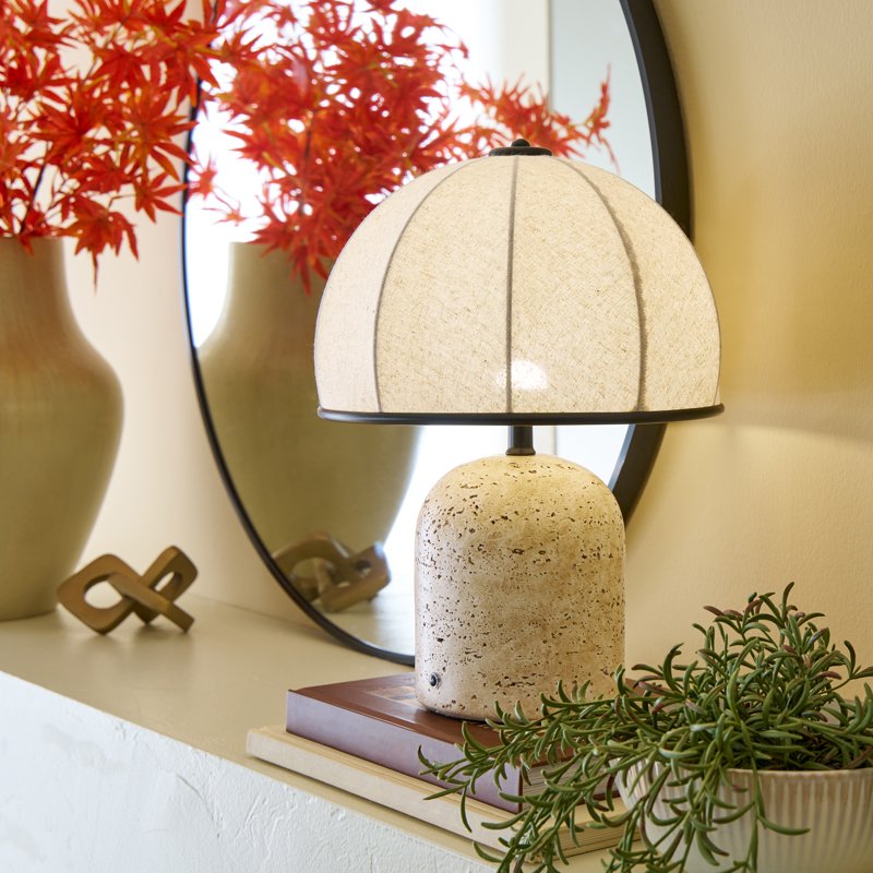Rechargeable 14-Inch Stone Gourd Table Lamp with Fabric Shade - Modern Indoor Accent Light