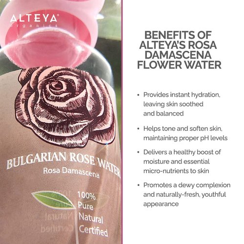 Alteya Organics Rose Water Natural Facial Toner, 17 Fl Oz/500mL Pure Bulgarian Rosa Damascena Flower Water,Award-Winning Moisturizer BPA-Free Bottle with Reducer