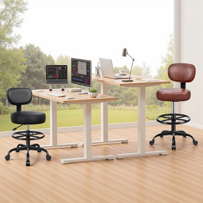 Adjustable Drafting Office Chair with Backrest - PU Leather, Thick Cushion, 300lb Capacity