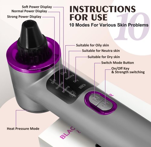 Blackhead Remover Vacuum, Facial Pore Cleaner Electric with Heating Mode, 2in1 Vacuum Pore Cleansing Tool, Electric Whitehead Remover with 9 Suction Level & 5 Heads