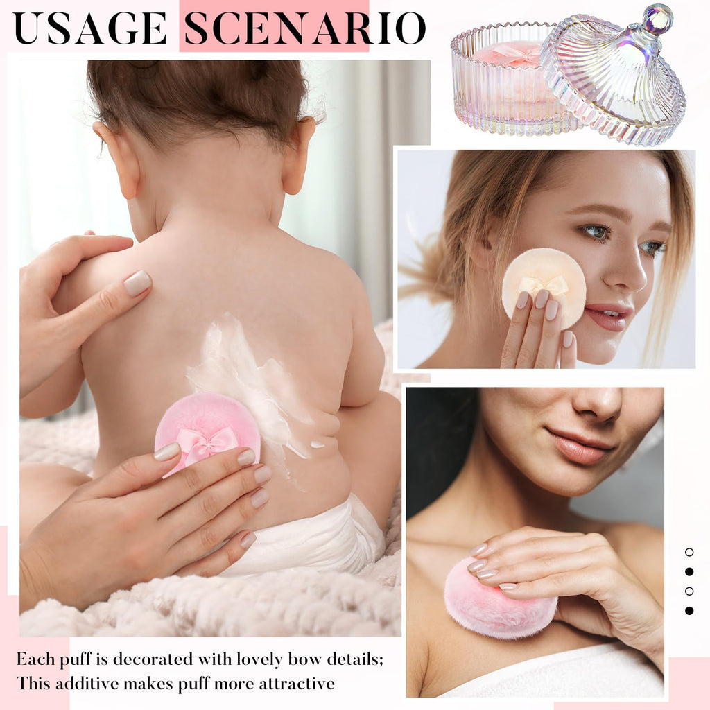Tioncy 3 Pcs Large Body Powder Puff and Container Powder Container with Puff Crystal Case Soft Washable Reusable Velour Face Body Glitter Wet Dry Makeup(Simple,Dazzling)