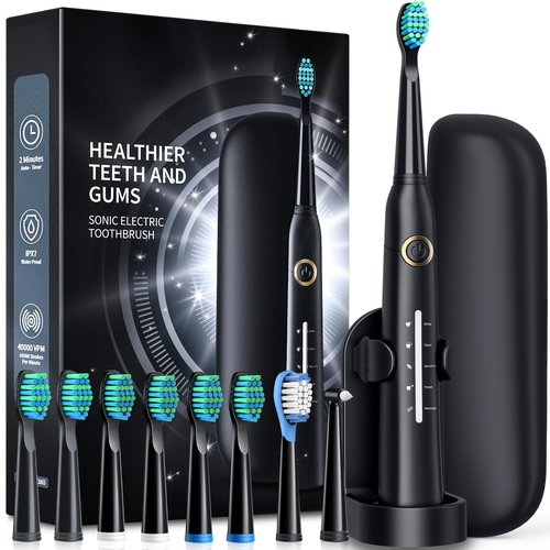 Sonic Electric Toothbrush for Adults, Power Electric Toothbrush with 8 Brush Heads, Travel Case, 40000 VPM Deep Clean 5 Modes, Rechargeable Toothbrushes Fast Charge 4 Hours Last 30 Days, Black