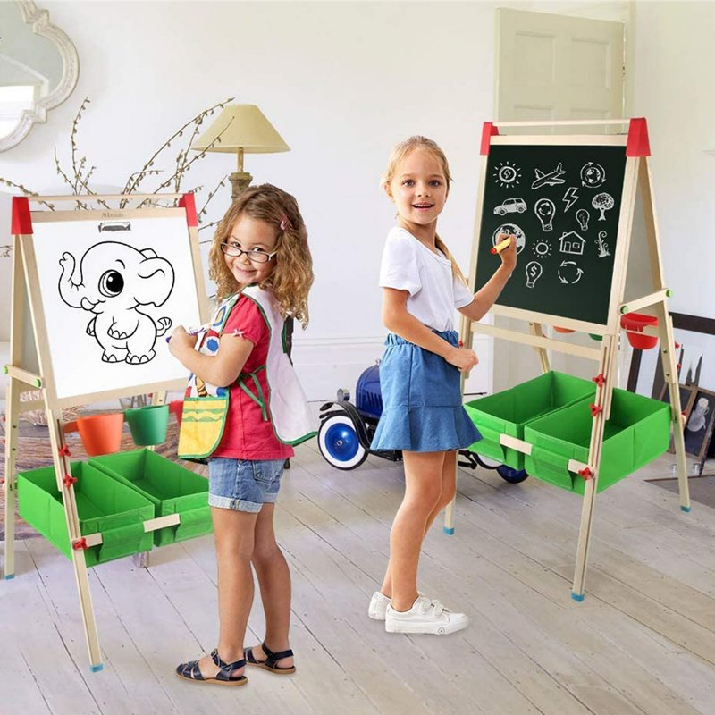 All-in-One Toddler Art Easel with Whiteboard, Chalkboard, Paper Roll & Storage Bins