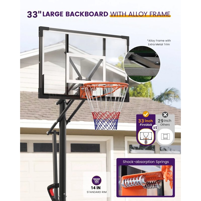 Portable Basketball Hoop System with Adjustable Height 3.9-8.5 ft 33-Inch Backboard for Outdoor & Indoor Use