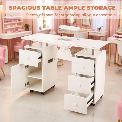 Manicure Table Nail Tech Desk with Electric Dust Collector, Nail Table Station w/Charging Socket, 4 Drawers, Lockable Wheels & 2 Wrist Rests – Professional Nail Station for Salon & Home, Snowy White