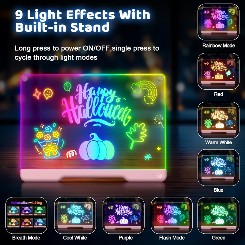 Rechargeable LED Drawing Board Toy with Neon Colors and Markers for Kids & Adults