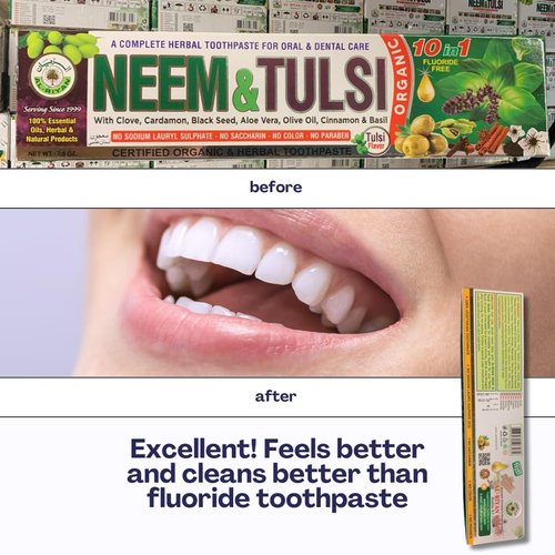 Pack of 4 - Organic Neem 10 in 1 Fluoride Free Toothpaste - Neem, Clove, Black Seed, Cardamon, Aloe Vera, Tea Tree Oil, Miswak, Clove - Herbal Blend - 7.05 oz