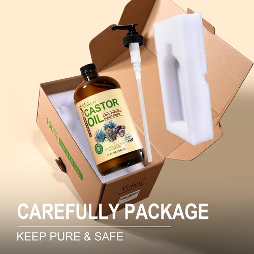 Yoken EWG Verified Organic Castor Oil Glass Bottle 32 fl oz (with Pump) 100% Pure Castor Oil for Skin Face Hair, Cold Press, Hexane Free, Unrefined Caster oil for Castor Oil Pack Deep Nourish Body