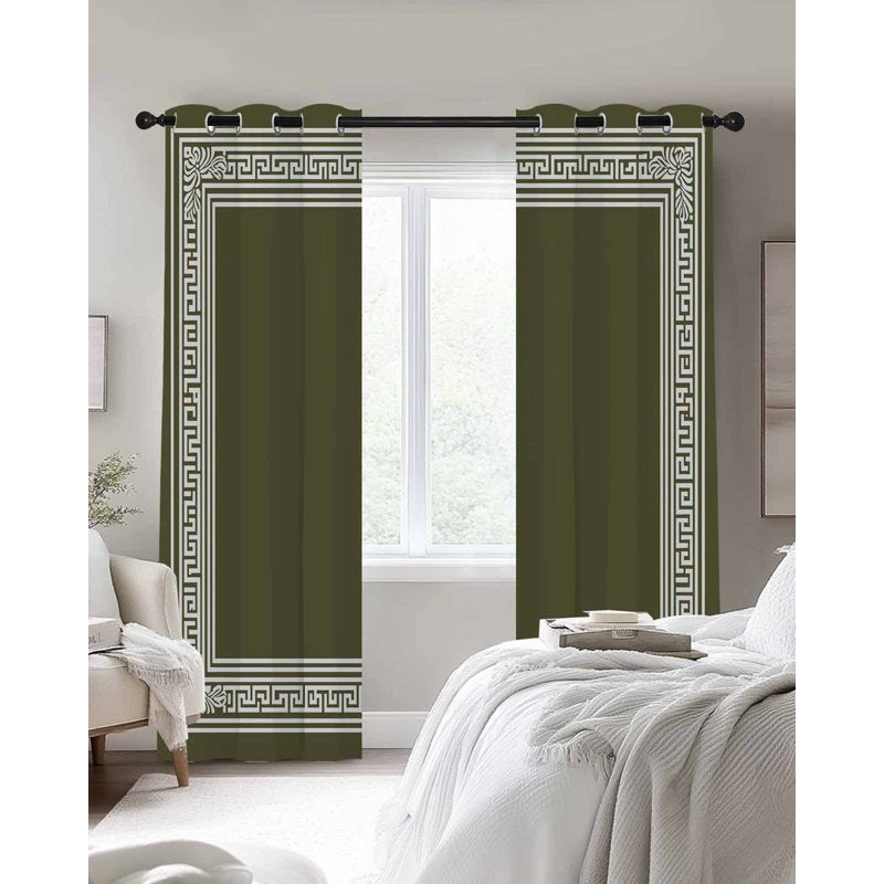 Olive Green Greek Key Blackout Curtains - Geometric Room Darkening Drapes