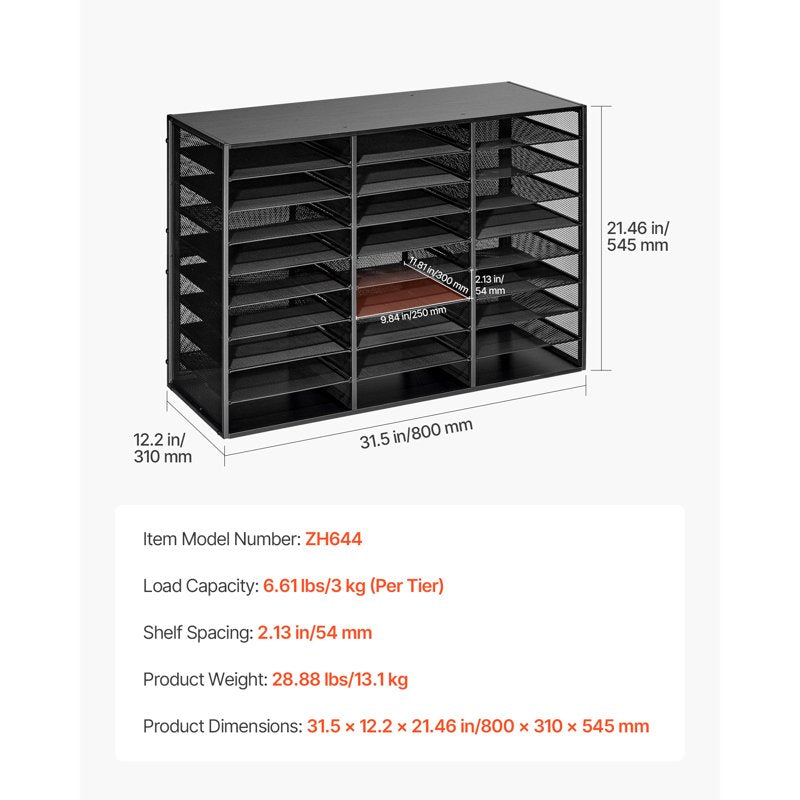 27-Compartment Metal Literature Organizer with Removable Wire Mesh and Wooden Top for Office and Home