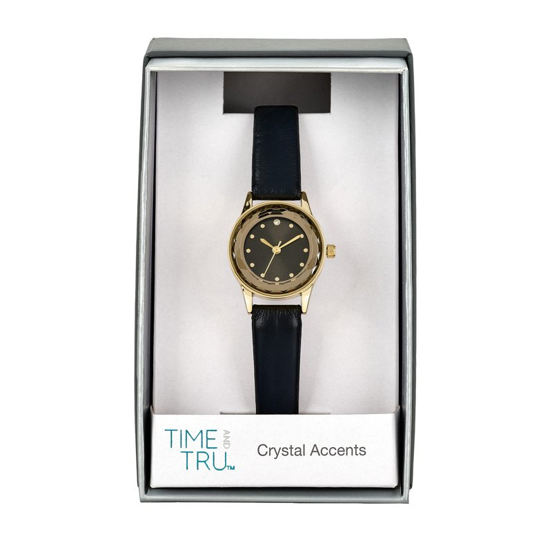 Gold Tone Cushion Case Watch for Women with Faceted Bezel and Leather Strap