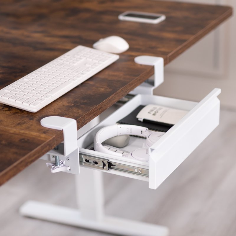Clamp-On Under Desk Storage Drawer - White Steel Office Organization