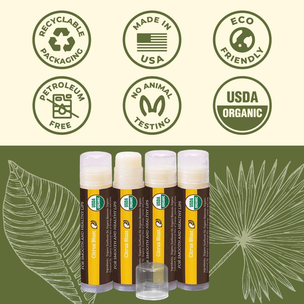 Earth's Daughter USDA Organic Lip Balm 6-Pack - Fruit Flavors, Beeswax, Coconut Oil, Vitamin E - Best Lip Repair Chapstick for Dry Cracked Lips - Moisturizing Lip Care