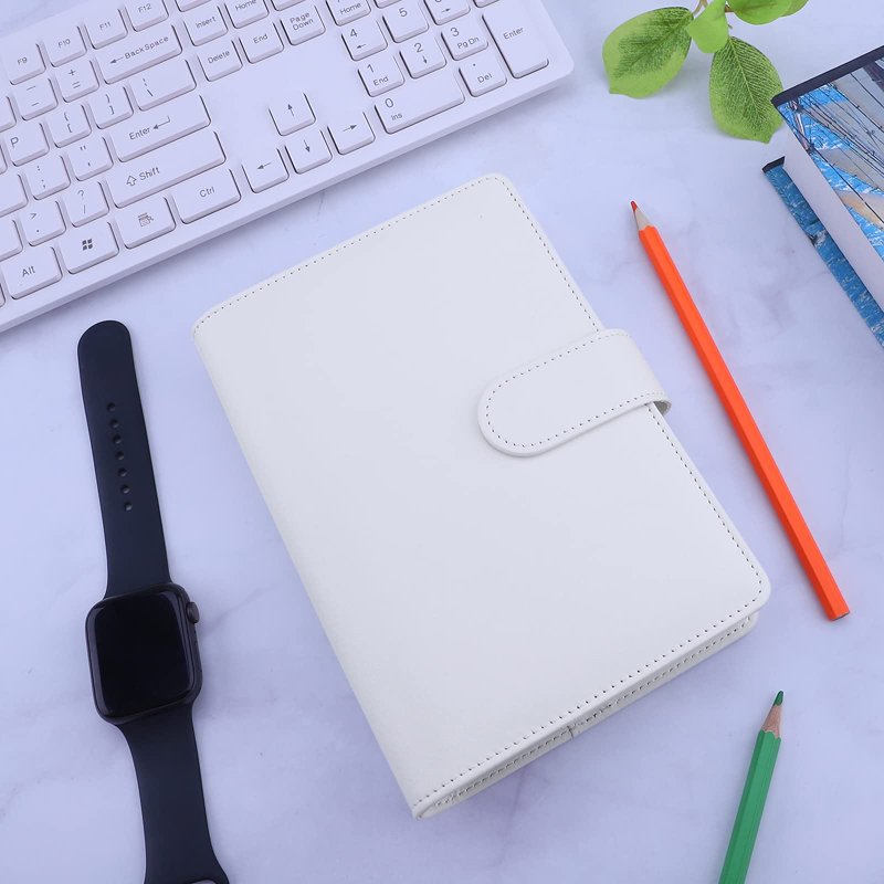 A6 PU Leather Binder Cover with 6 Rings, Refillable Notebook Organizer, White