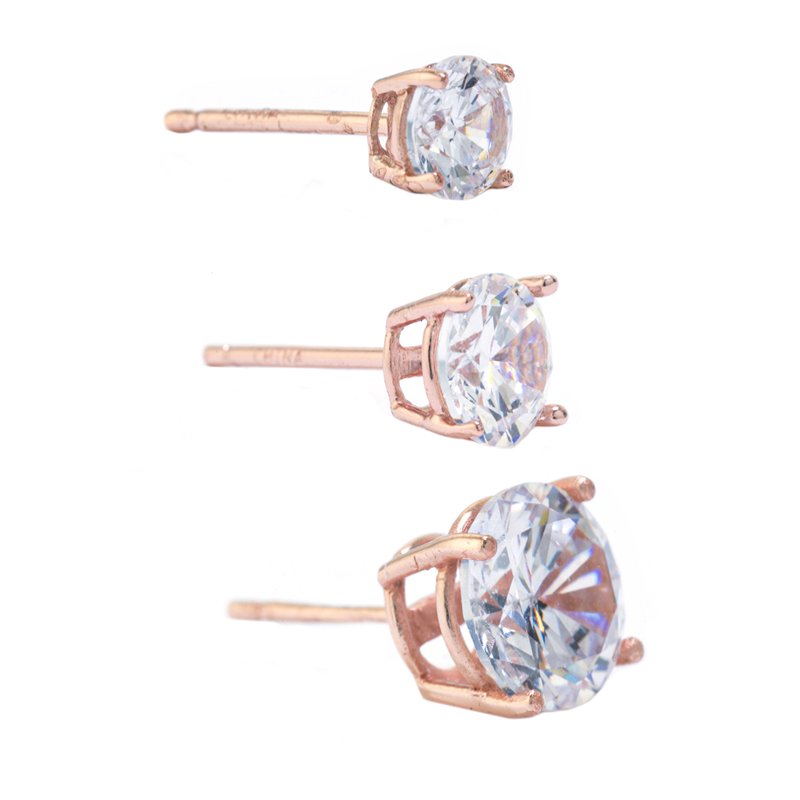 Sterling Silver Cubic Zirconia Stud Earrings Set in Rose Gold for Women & Teens