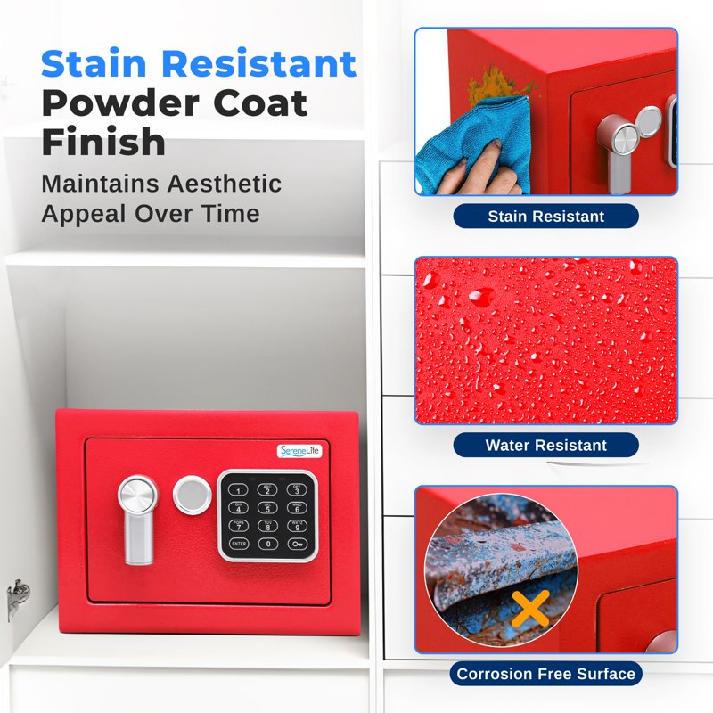 Electronic Safe Box with Digital Touchpad and Mechanical Override - Compact Steel Security Safe (Red)