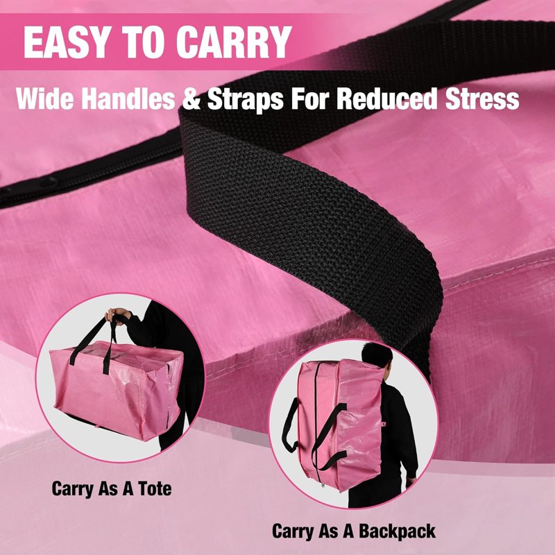 Heavy Duty Large Moving Storage Bags with Handles & Zippers for Packing, Dorm, Travel - Pink 87L