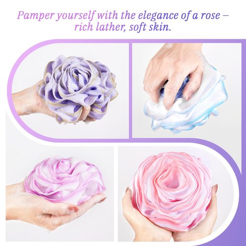 LAYUKI Bath Shower Sponge, Bath Loofah Sponge, Body Wash Sponge, Rose-Shaped Loofah Sponge, Exfoliating Bath Sponge, Body Scrubber (Set of 4 Pieces)