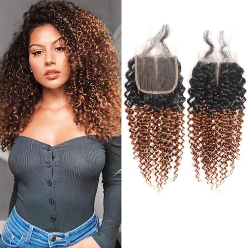 Afro Kinky Curly Human Hair Pre-Plucked Hairline With Baby Hair 2 Tone 1b/30 closure, Ombre 1B/30 Brazilian Kinky Curly Hair Closure with Bundles, 4X4 Inch Free Part Swiss Lace Closure 16 Inch