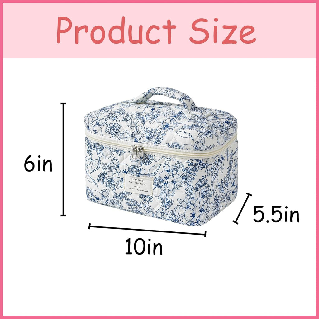 uekeboag Large Travel Quilted Makeup Bag for Women, Floral Cotton Cosmetic Bag, Coquette Aesthetic Floral Toiletry Organizer Bag