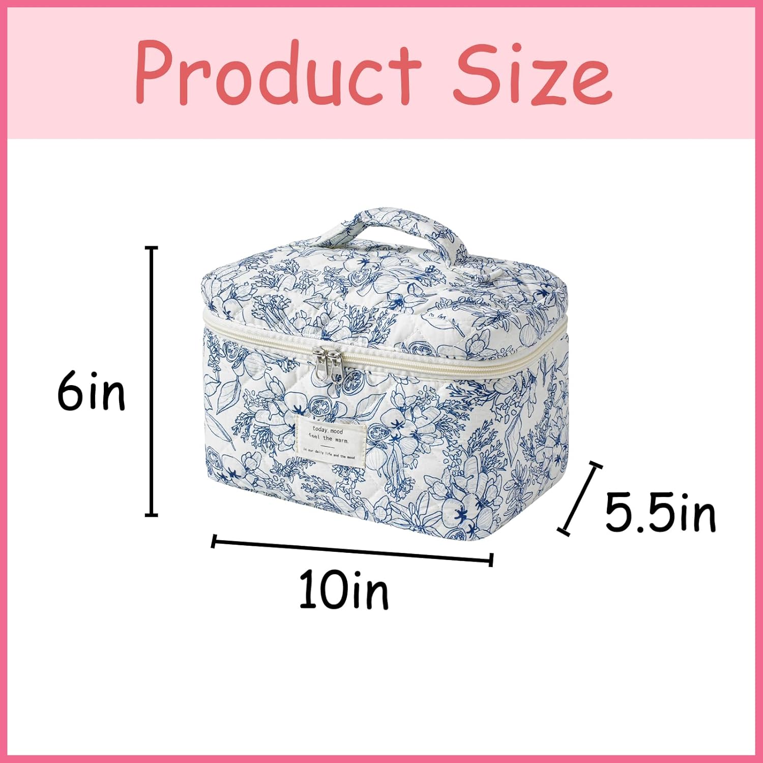 uekeboag Large Travel Quilted Makeup Bag for Women, Floral Cotton Cosmetic Bag, Coquette Aesthetic Floral Toiletry Organizer Bag