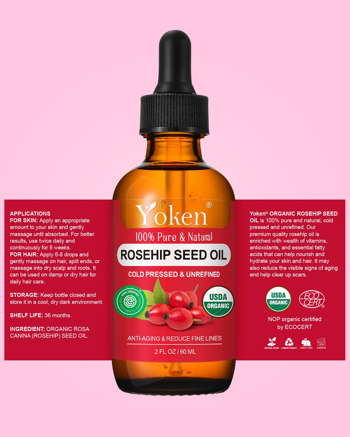 Organic Rosehip Seed Oil for Face,100% USDA Pure Rosehip Oils for Skin,Scars,Hair & Nails.2 fl Oz Cold Pressed Rose HIPS Oils for Skin Care, Anti-Aging, Scar Treatment, GUA SHA Massage Carrier Oil
