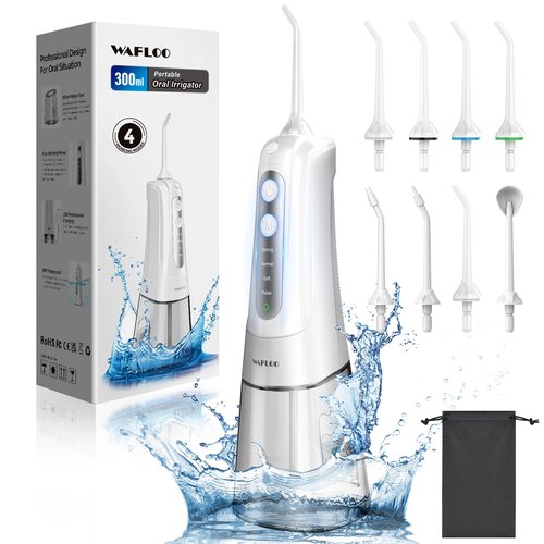 Cordless Water Dental Flosser for Teeth, with 8 Jet Tips, 300ML Tank Oral Irrigator Portable with 4 Modes IPX7 Waterproof Rechargeable Water Floss for Home Travel, Adults Teeth Cleaning (White)