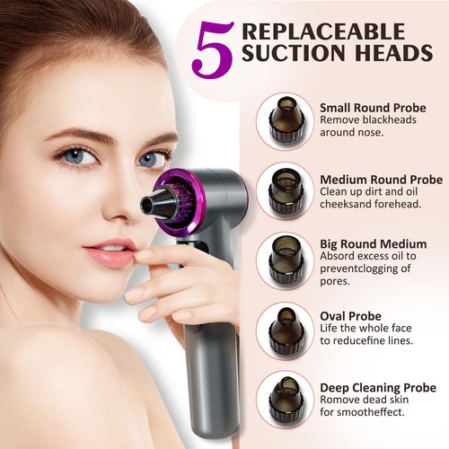 Blackhead Remover Vacuum, Facial Pore Cleaner Electric with Heating Mode, 2in1 Vacuum Pore Cleansing Tool, Electric Whitehead Remover with 9 Suction Level & 5 Heads