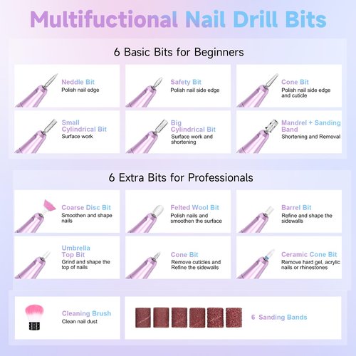 Nail Drill Professional, 35000RPM Electric Nail File Rechargeable, Portabel Nail Drill Cordless Kit Efile for Acrylic Nails, Nail Dremel Manicure Perdicure for Salon & Home Use (Gradient)