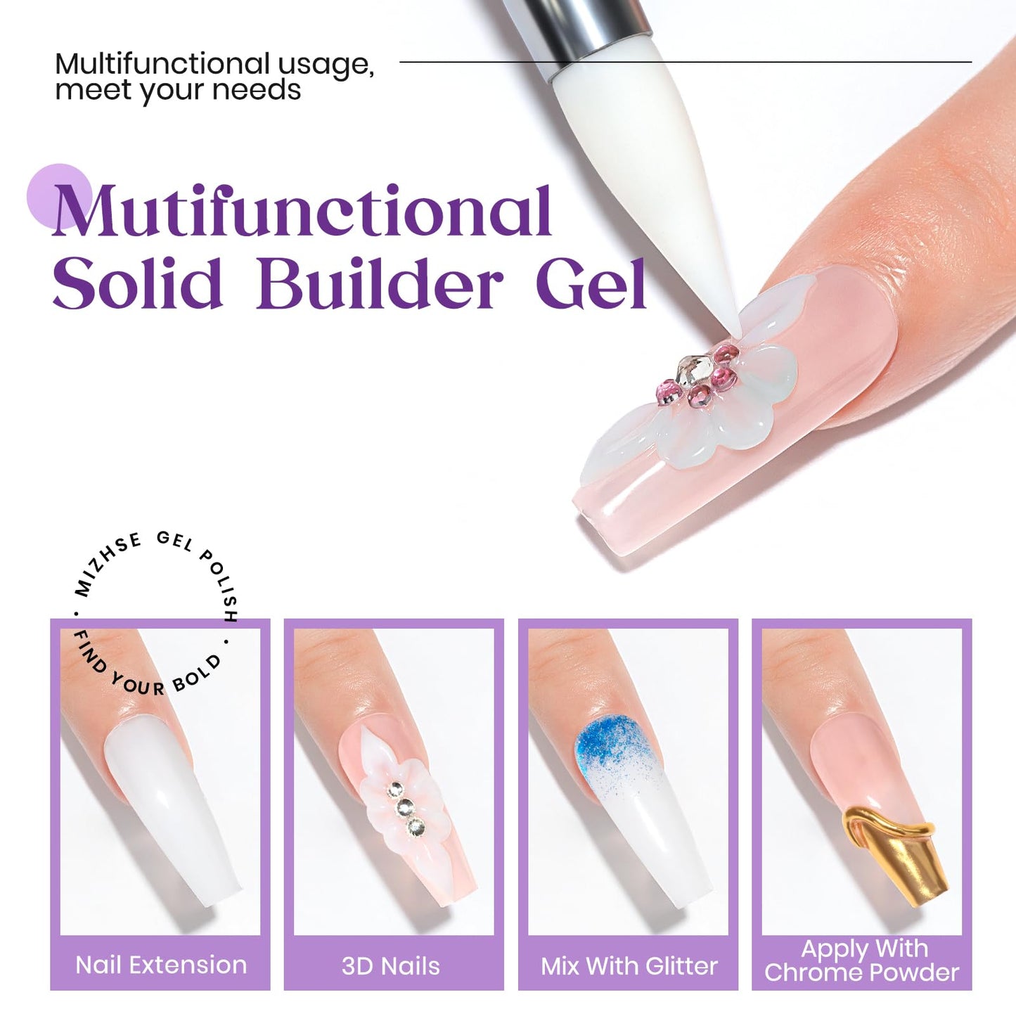 MIZHSE Solid Builder Gel for Nails, 60g White 3D Gel Nail Art Sculpture Gel Non-Sticky Carving Nail Extension Soak Off UV LED Hard Gel for Nail Salon Home DIY Manicure