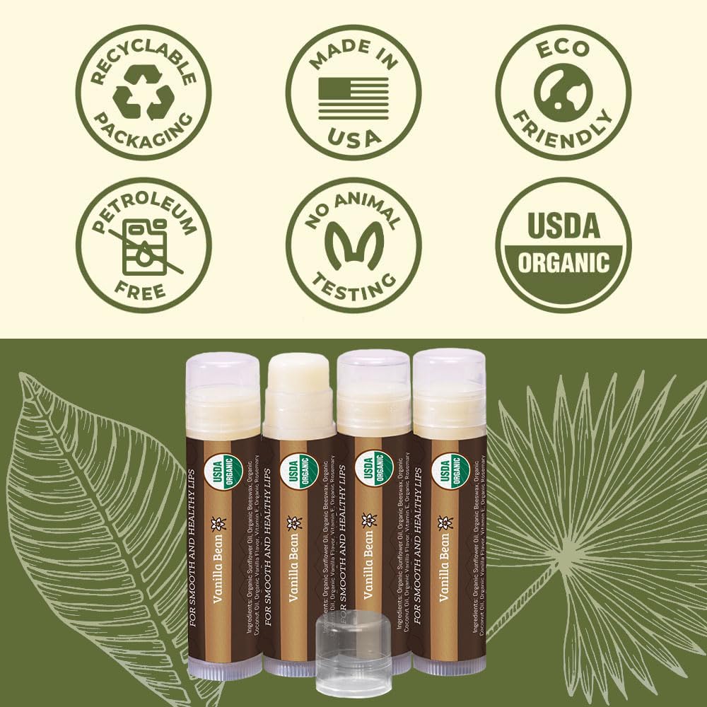 Earth's Daughter USDA Organic Lip Balm 6-Pack - Fruit Flavors, Beeswax, Coconut Oil, Vitamin E - Best Lip Repair Chapstick for Dry Cracked Lips - Moisturizing Lip Care