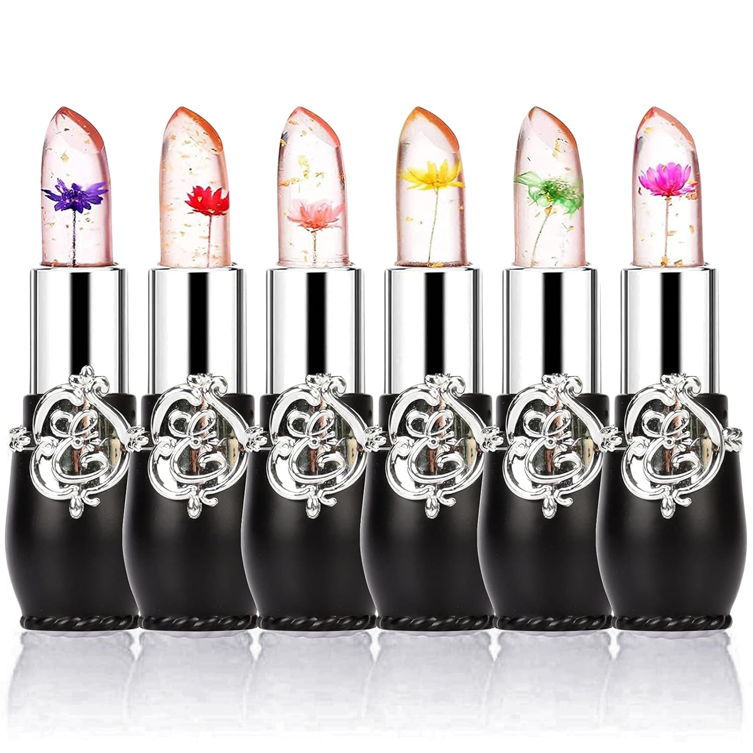 firstfly Pack of 6 Crystal Flower Jelly Lipstick, Long Lasting Nutritious Lip Balm Lips Moisturizer Magic Temperature Color Change Lip Gloss (Pink)