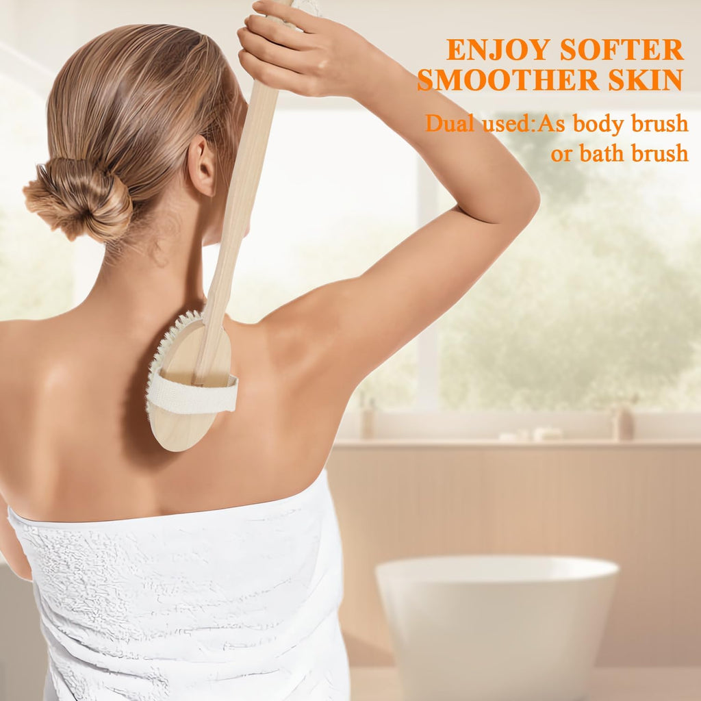 Natural Dry Brushing Set - 5 Packs with Wood Long Handle & 3 Detachable Heads for Lymphatic Drainage & Cellulite Exfoliation