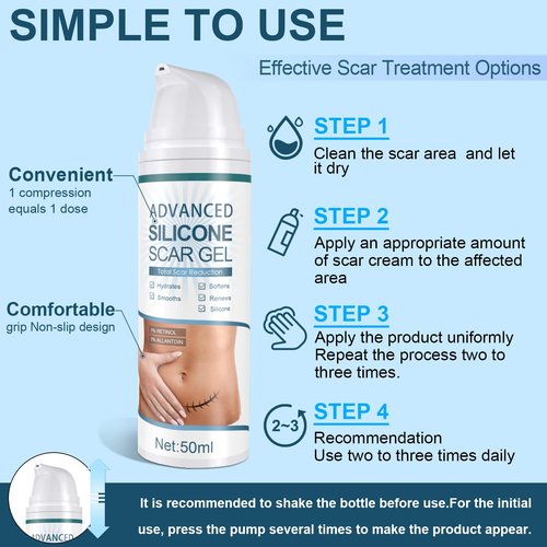 Advanced Scar Gel, Silicone Scar Gel, Treats Old and New Scars, Reduces the Appearance of Scars from, Body, Face, Stretch Marks, Surgical Scar, Keloids, Acne, Burns and More, 50g (1.76 Oz)
