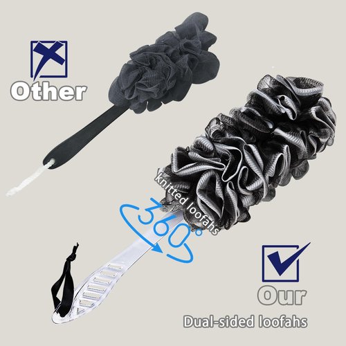 2Pack Loofah Sponge, Qewro Dual-Sided Loofah on a Stick Exfoliating Body with Long Handle, Body Scrubber for Back use in Shower with Loufas or Lufa for Men Women (2Pack Black and Navyblue)