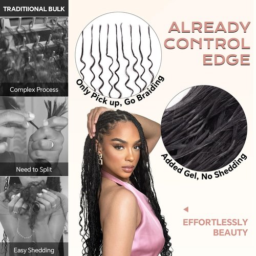 Pre-Divided Deep Wave Human Braiding Hair for Boho Braids Bulk Hair Pre-streached Human Braiding Hair Deep Wave For Black Women (Natural Black, 16 Inch - 160 Roots)