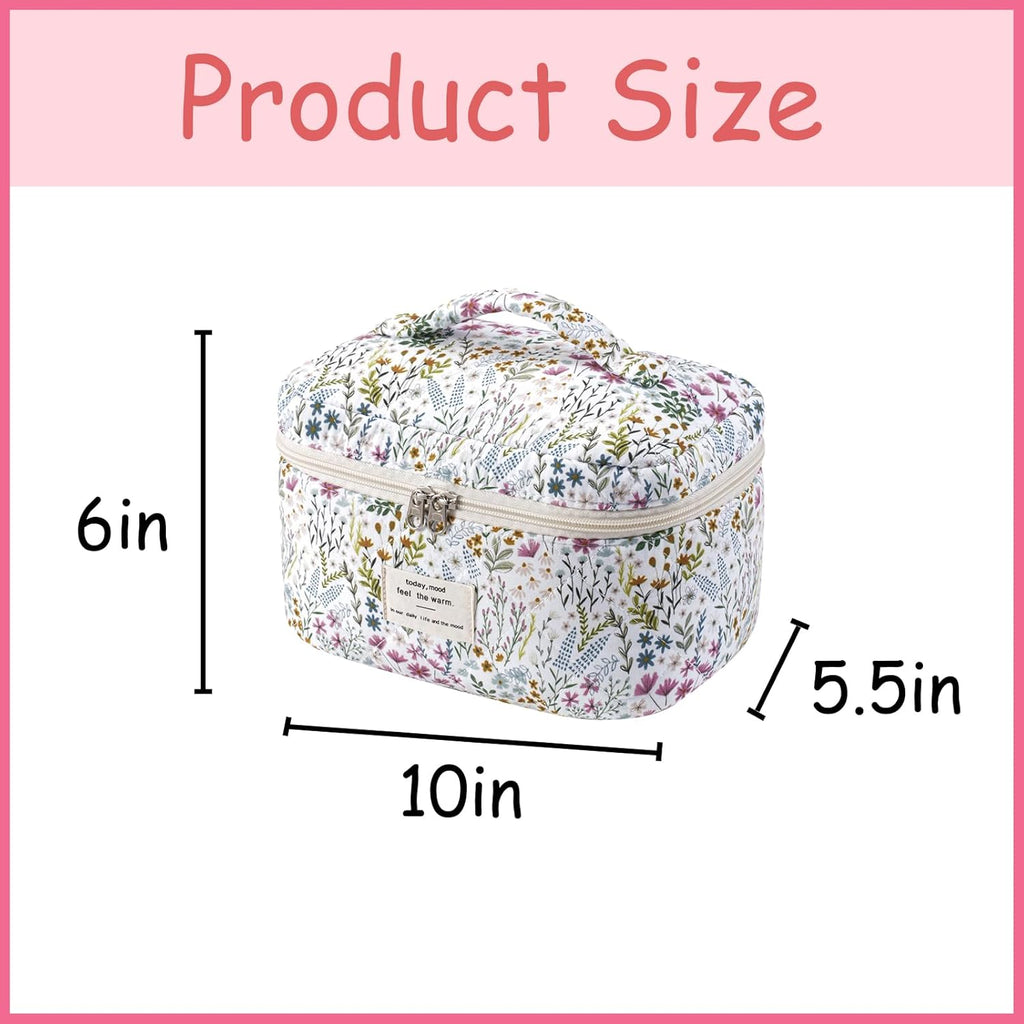 uekeboag Large Travel Quilted Makeup Bag for Women, Floral Cotton Cosmetic Bag, Coquette Aesthetic Floral Toiletry Organizer Bag