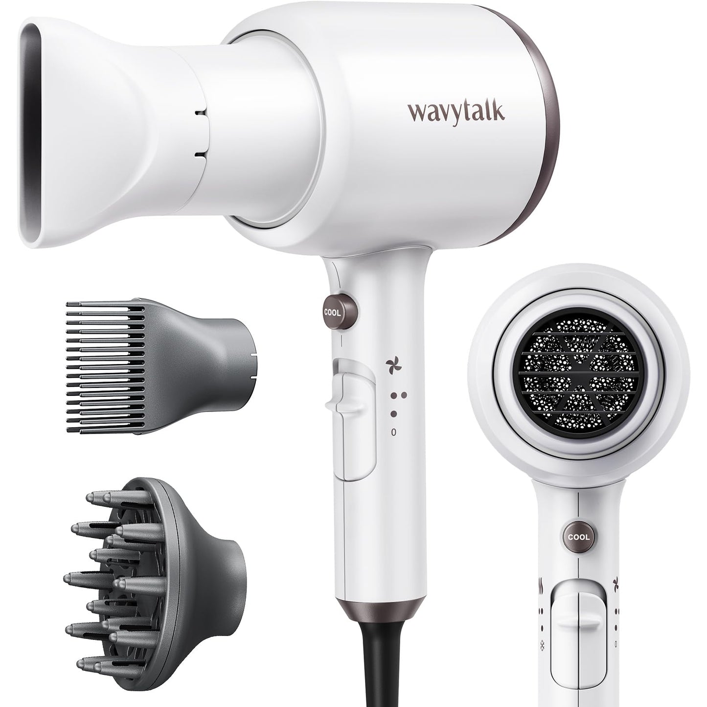 Wavytalk Hair Dryer with Diffuser and Concentrator Professional 1875 Watt Negative Ions Dryer Fast Drying Light and Quiet with Ceramic Technology Nozzle for Women Curly Hair, Matte White