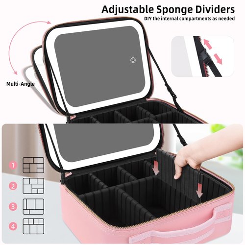 JXAUDEKK Large Capacity Travel Makeup Train Case with LED Mirror,Rechargeable LED Light for Makeup Cosmetic Case with Brushes Storage Organizer,Travel Box Cosmetic Bag for Women (pink)