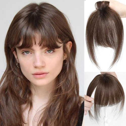 VASILIA Bangs Hair Clip, Clip in Bangs Hair Toppers for Women 100% Real Human Hair, Clip on Bangs 360° 3D Cover Wispy Fake Clip in Hair Extensions for Women Daily (Medium Brown)