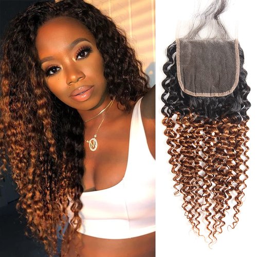 Afro Kinky Curly Human Hair Pre-Plucked Hairline With Baby Hair 2 Tone 1b/30 closure, Ombre 1B/30 Brazilian Kinky Curly Hair Closure with Bundles, 4X4 Inch Free Part Swiss Lace Closure 16 Inch